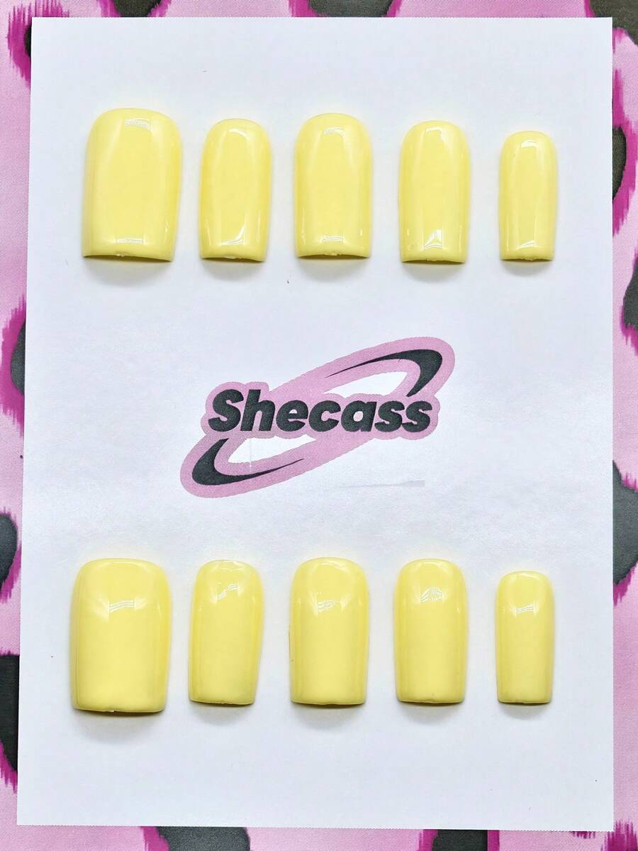 10片方形手工美甲贴片，Y2K 坏女孩风格，裸色和黄色，适合派对和音乐节，适合女性和女孩，包含工具，是送给男士的绝佳礼物，夏季美甲。 - 彩色 - 查看 1