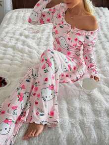 SANRIO Bộ đồ ngủ nữ 2 món họa tiết Hello Kitty, áo dài tay và quần dài mềm mại, đồ mặc nhà thoải mái, phù hợp mọi mùa. - Hồng - Xem 7