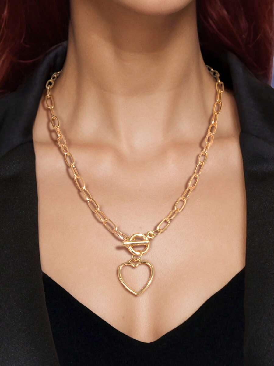 1 chiếc dây chuyền mặt hình trái tim bản dày màu vàng thời trang dành cho nữ, thích hợp đeo đi dự tiệc, hàng ngày, lễ hội âm nhạc. - Vàng - Xem 1