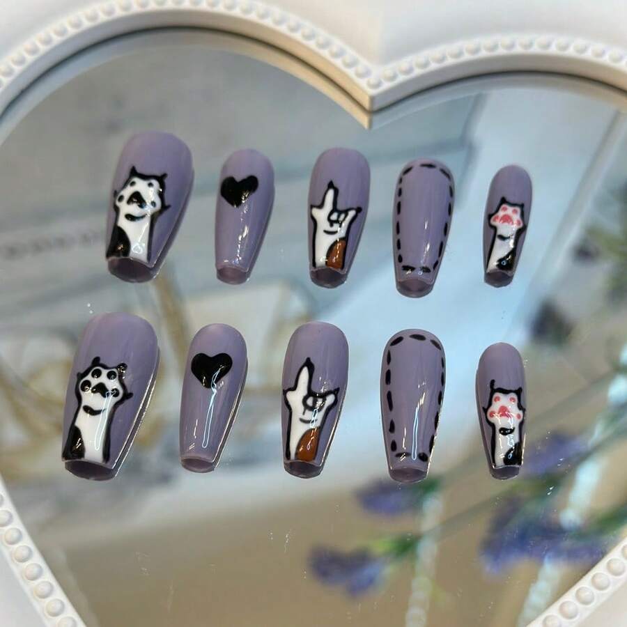 Taro Purple 2026 Handmade Press On Nails, Cute Cartoon Gesture Print Long Almond Nails, Removable Stylish Personality Fake Nails - Taro Purple - View 1