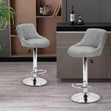 Set Of 3 Modern Bar Stools | Leatherette Adjustable Swivel Gas Lift Breakfast Chairs For Kitchen Island, Counter & Home - Grey - View 3