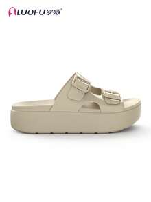 LUOFU New Spring Women's Double-Buckle Slippers, High Heel Thick Sole Shoes, Solid Color Thick Bottom Sandals, Outdoor Ladies Date Casual Beach Party Summer Slippers, EVA Non-Slip Wedge Sandals - 卡其色 - 查看 3