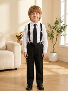 Bộ vest 4 món cho bé trai 3-10 tuổi, bộ lễ phục tuxedo trang trọng cho trẻ nhỏ, bao gồm trang phục người mang nhẫn cưới với quần, áo sơ mi, cà vạt, dây đeo quần, trang phục lễ phục màu đen cho bé trai. - màu đen - Xem 2