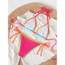 Bikinifor Women Color Block Swimsuit - Blue Pink TriangleHigh Waist Retro Bikini, Adjustable Tie Sides, Bathing Suit For Beach Pool - 多色529 - 查看 3