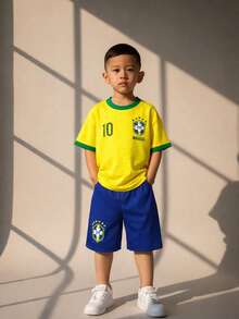 2-Piece Kit: Brazil World Cup Shirt And Shorts Set For Boys Ages 2-14. Lightweight And Comfortable Fabric. - Yellow - View 4