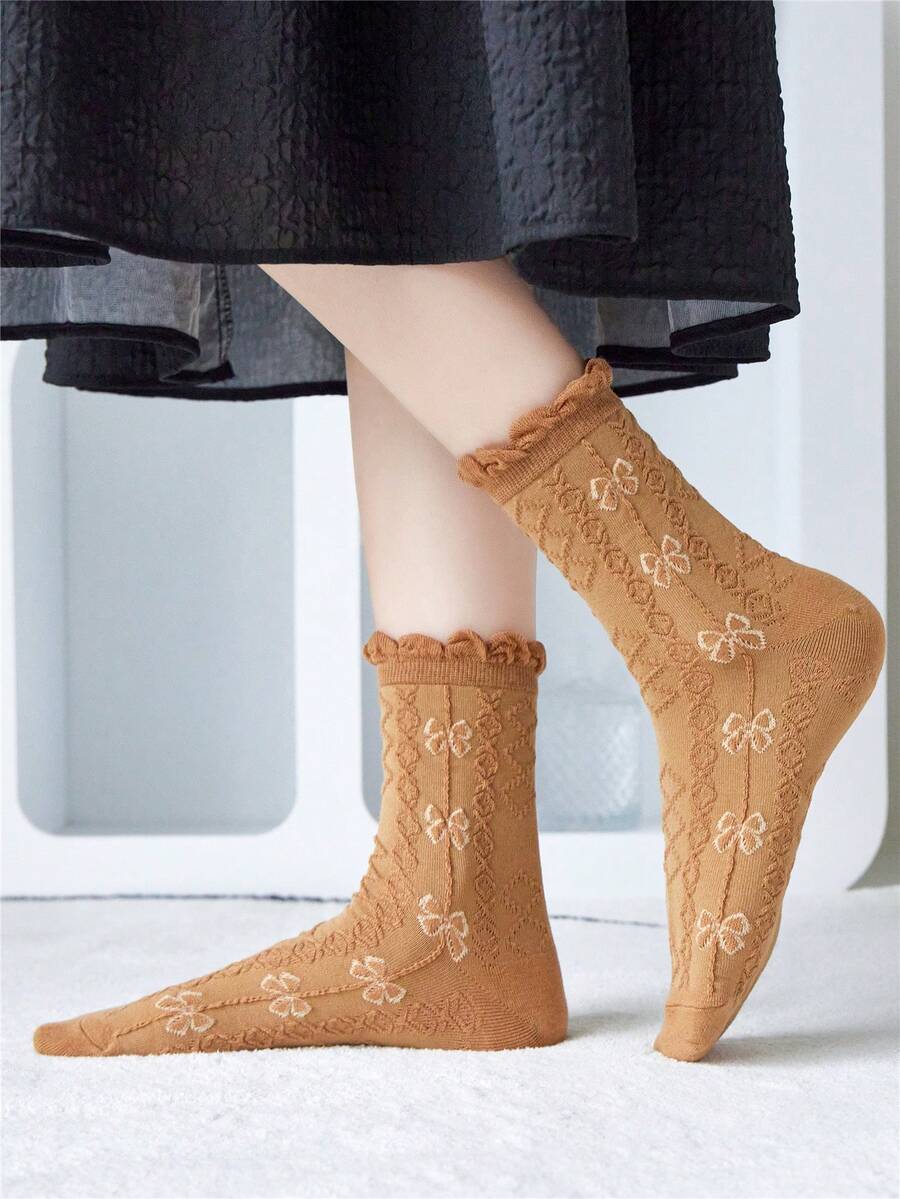 1 Pair Women's Socks With 3D Bow Ruffle Embossed Design, Bubble Hem Mid-Calf Socks, Spring/Summer - Camel - View 1