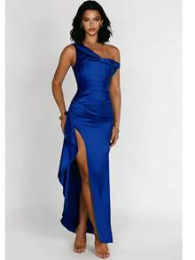 Rochie de absolvire cu elastic, model elegant, sexy, cu un singur umăr, cu tiv cu volane, la modă, culoare solidă - Albastru regal - Vizualizare 4