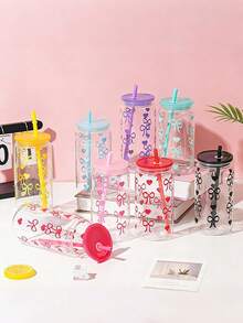 1个475毫升/16盎司心形蝴蝶结塑料水瓶，带盖和吸管；透明梅森罐，蝴蝶印花；可爱冰咖啡/牛奶饮料杯，女士适用 - 彩色 - 查看 6