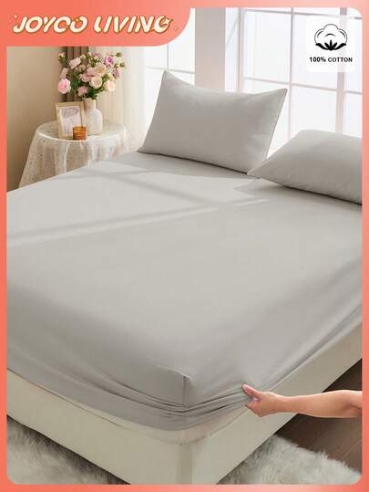 2/3pcs 100% Cotton Fitted Sheet Set, Solid Color Bedding, Comfortable Home Textile, Soft & Breathable Mattress Protector Cover, Skin-Friendly Bed Skirt Set, Suitable For All Seasons Room Decor, Light Gray