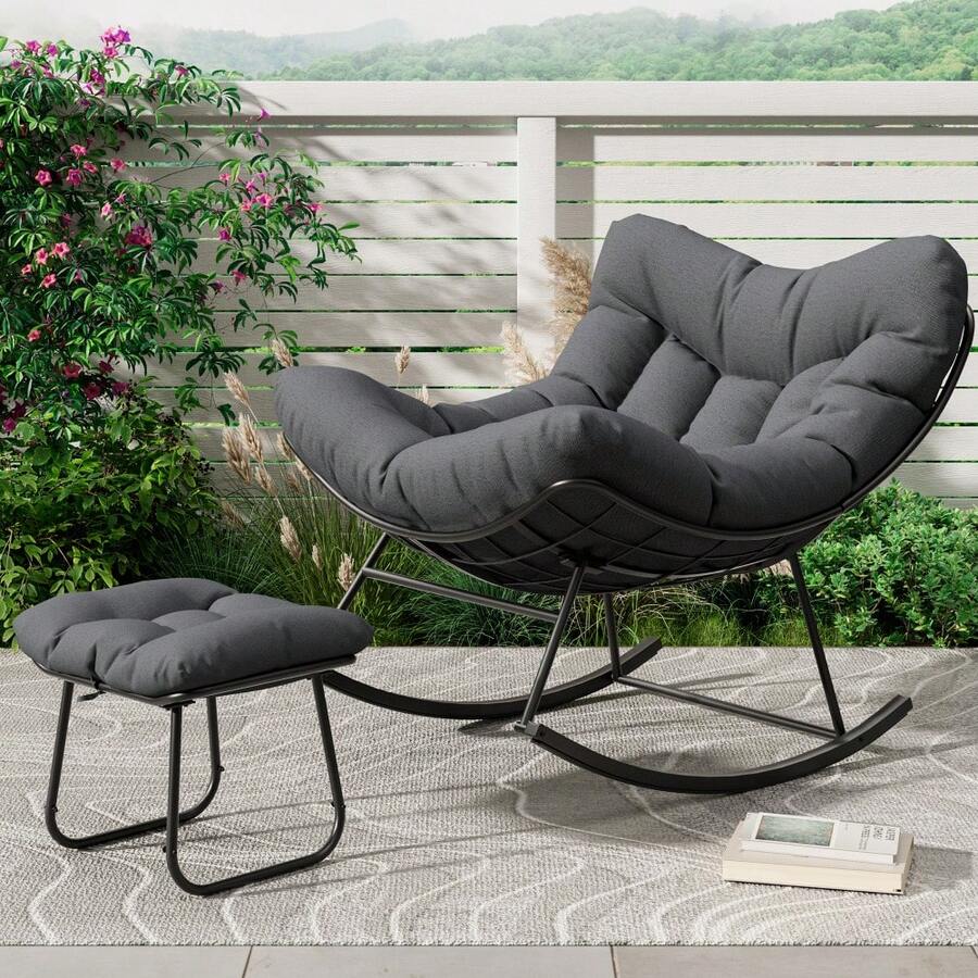 LIZHOUMIL Boho Egg Rocking Chair Set With Ottoman, Stylish Wire Patio Lounge Chair, Cozy Outdoor Accent Seat With Soft Padded Cushion, Modern Rocker For Porch, Backyard, Living Room, 2-Piece Set - Gray Staple Cloth - View 1