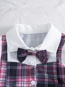 2件套女童夏季甜美学院风花瓣袖格子拼接衬衫+格子百褶裙套装 - 彩色 - 查看 4