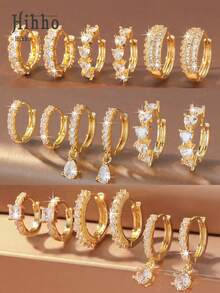 Hihho 6pcs/Set Zirconia Stud Earrings Set, Stud Structure + Full Zirconia Pave + Multi-Style Combination Balancing Simplicity And Decoration. Heart Zirconia + Water Drop Pendant + Plain Hoop Full Zirconia, Strong Luster, Suitable For Daily, Commuting, Light Social Occasions And More - Gold - View 9