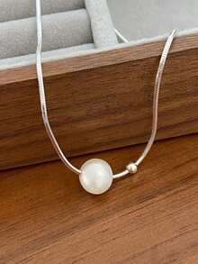 1pc S925 Sterling Silver Minimalist Round Pearl Necklace, Women's Elegant Lightweight Luxury Beaded Snake Chain Gift - Pearl - View 3