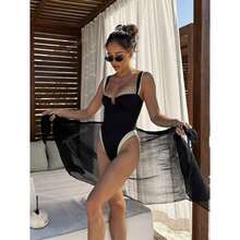 Women's One Piece Swimsuit Black White Striped Monokini With Cover Up; Deep V Neck Bathing Suit; Sexy Slit Swimwear; 2 Piece Set; Summer Beach Pool - 多色543 - 查看 1