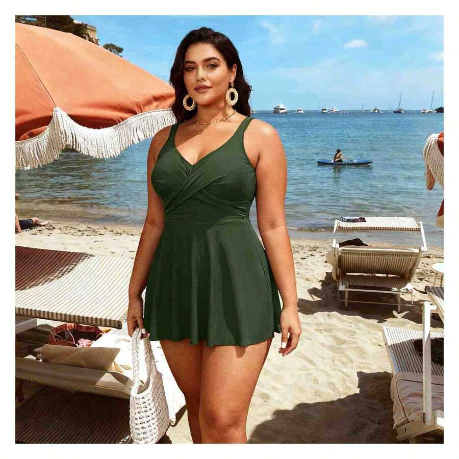 Women's Swim Dress Olive Green - Tummy Control Flared Swimsuit With Built-In Shorts; Modest Bathing Suit For Women; Plus Size Swimwear - Multicolor 767 - View 1