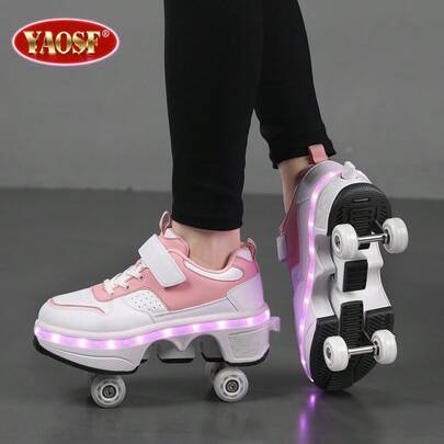 YAOSF Upgraded Children & Teens Roller Skates, Fashionable Inline Skates, Enhanced Stability, One-Key Auto Pop-Out Wheels Sports Shoes, Street Cool Ice Skating Shoes, Outdoor Lighting Shoes, New Roller Skating Shoes, LED Light-Up Shoes, USB Rechargeable , LED Lighting Roller Skates, Light-Up Sports Shoes