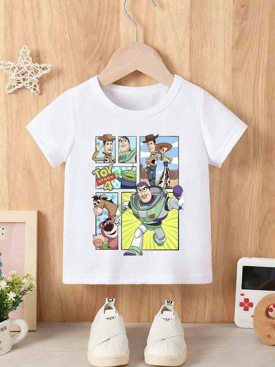 Disney Baby Boy T-Shirt, Featuring A Creative Toy Story Letter Cartoon Pattern Print. Spring/Summer Style Baby Round-Neck T-Shirt. The Fabric Is Soft, Comfortable And Breathable, Suitable For Daily Wear And Makes An Excellent Gift. - trắng - Xem 1