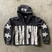 Men's Women's European American Oversized Hoodie, Patchwork Star Letter Graphic Casual Pullover Sweatshirt - 黑色 - 查看 1