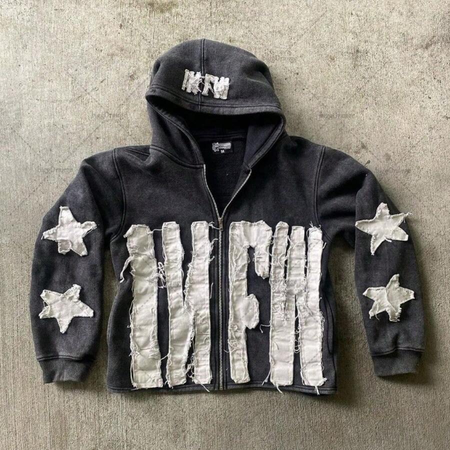 Men's Women's European American Oversized Hoodie, Patchwork Star Letter Graphic Casual Pullover Sweatshirt - 黑色 - 查看 1