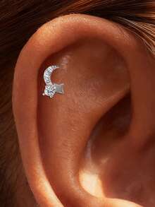 1件925纯银莫桑石浪漫星月耳钉,低过敏性纯银平底耳骨耳廓穿孔耳钉,适合女性日常佩戴、派对、婚礼和宴会等场合。 - 銀色 - 查看 7