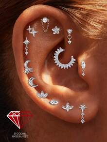 1件925纯银莫桑石浪漫星月耳钉,低过敏性纯银平底耳骨耳廓穿孔耳钉,适合女性日常佩戴、派对、婚礼和宴会等场合。 - 銀色 - 查看 2