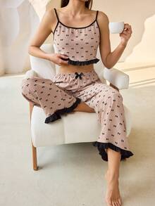 Conjunto de camiseta de tirantes con volantes y pantalones con dobladillo de volantes de color contrastante para mujer, camiseta sin mangas y pantalones de estar en casa, adecuado para primavera, verano y otoño - Caqui - Ver 2