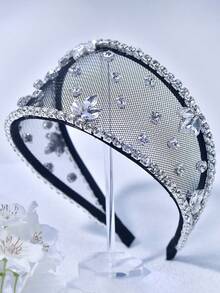 1pc Shiny Crystal Flower Wide Headband, Fashionable Baroque Style Mesh Hollow Minimalist Headband, Suitable For Bride, Wedding, Festival, Carnival Party, Daily Casual Wear - Multicolor - View 4