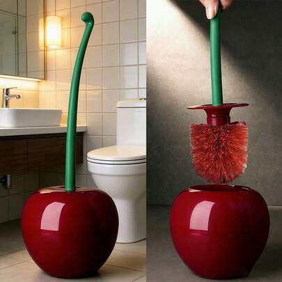 Juego de cepillo de inodoro con forma de cereza roja, cepillo de limpieza creativo con cerdas suaves, reutilizable, mango largo, material de plástico, mejora el ambiente del baño, sin electricidad requerida, herramienta de limpieza comercial, adecuada para el baño del hogar