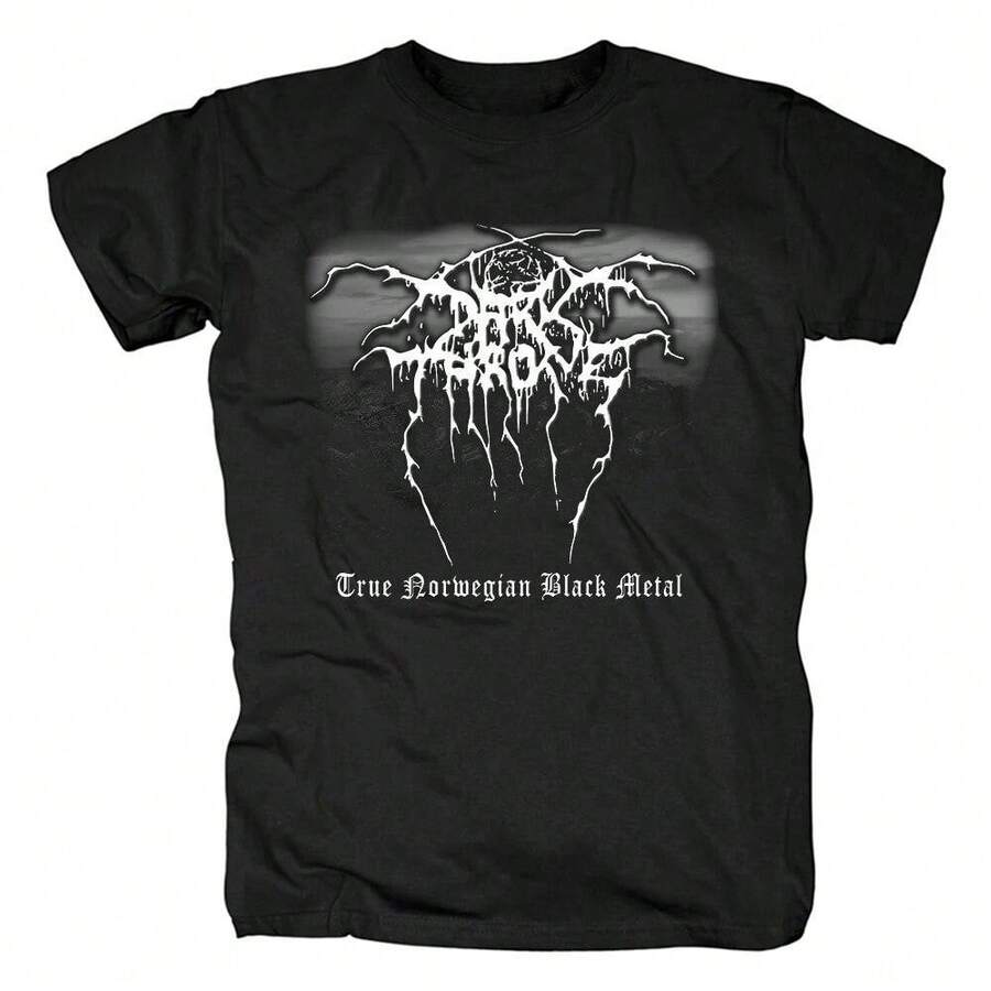 Kids' And Teens' Casual Black Printed Crew Neck Short Sleeve T-Shirt True Norwegian Black Metal The Design Features A Central Abstract Symbol With Intricate Black And White Patterns Resembling Twisted Branches Or Roots Extending Outward From A Dark Central Form. The Image Has A Haunting And Eerie Aesthetic With Sharp Angular Lines And Melting Effects That Give It A Gothic Appearance. Below The Main Graphic Is The Text True Norwegian Black Metal In A Stylized Font That Matches The Dark And Aggressive Theme. The Overall Look Is Stark And Intense Evoking The Raw And Atmospheric Essence Of Black Metal Music. The Contrast Between The Black Background And The White Artwork Enhances The Visual Impact Creating A Powerful Statement Piece For Fans Of The Genre. The Pattern Conveys A Sense Of Mysticism And Rebellion Characteristic Of Norwegian Black Metal Culture. 1PC ,Cool Logo Graphic T-Shirt, Classic Crew Neck Design For Boys And Girls Stylish Anime Manga Print Short Sleeve Tee,Pullover - màu đen - Xem 1