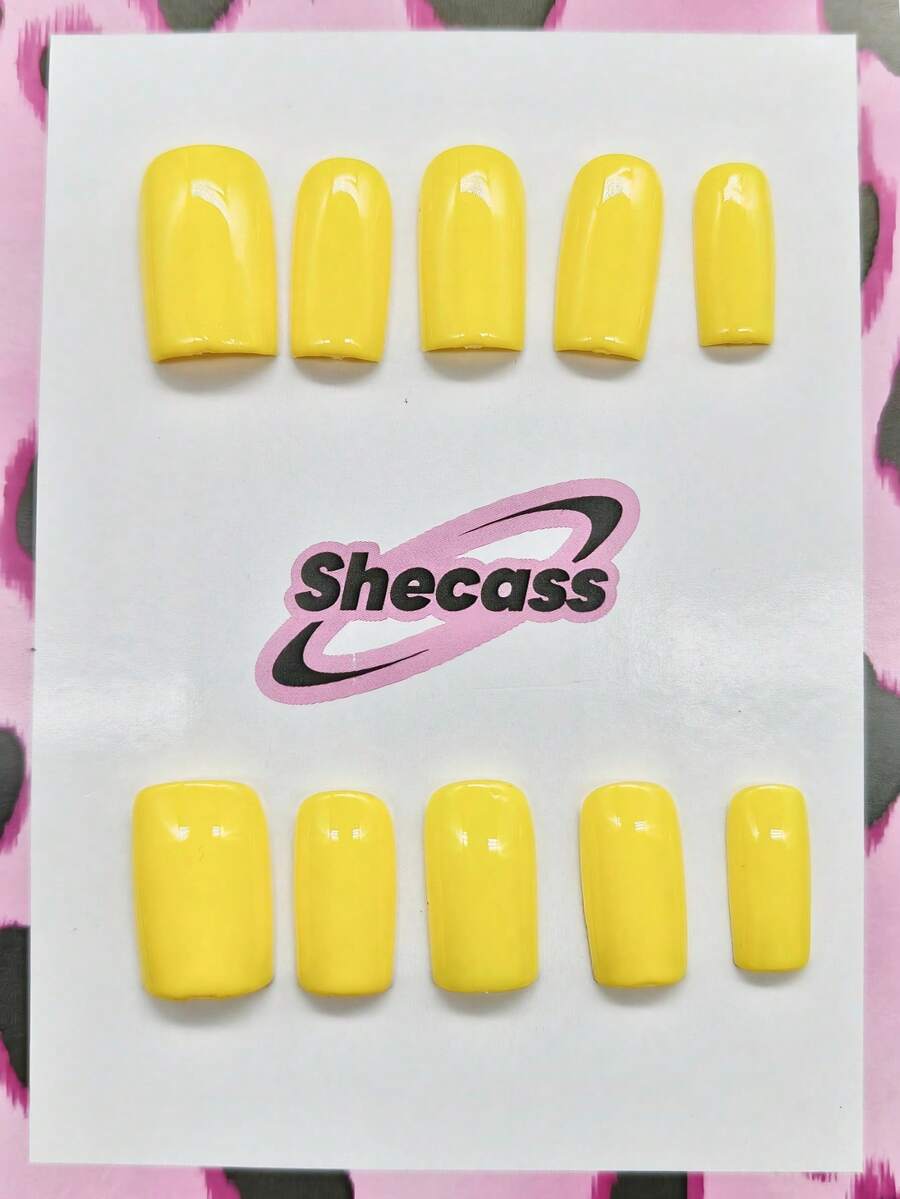 10片方形手工美甲贴片，Y2K酷炫风格，裸色和黄色，适合派对和音乐节，适合女性和女孩，包含工具，是送给男士的绝佳礼物，夏季美甲手工按压式美甲贴片 - 彩色 - 查看 1
