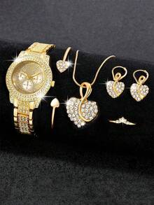 6pcs Luxury Women's Quartz Watch Set, Classic Round Dial, Paired With Delicate Bracelet, Necklace, Ring, Earrings, Perfect Gift For Girls, Valentine's Day, Birthday, Mother's Day And Casual Wear, Fashionable Jewelry (Excluding Box) - Gold - View 1