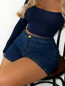 女士性感弹力牛仔迷你短裤 - 深色水洗藍 - 查看 4