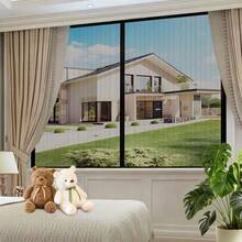 1pc Summer Magnetic Sheer Curtain, Fiberglass Mesh Black Mosquito Proof Breathable Sheer Curtain, Invisible Magnetic Screen Window Curtain, No Drill Home Use - Magnetic Glass Black Screen Window - View 2