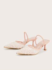 Pointed Toe Mesh Lace Pearl Sequin Backstrap Stiletto High Heel Mule Shoes - Pink - View 2