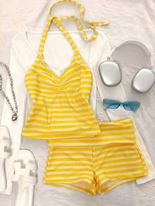 Women's Two-Piece Swimwear, Elegant Sexy Striped Print Short Swim Top With Shorts Yellow - Yellow - View 8