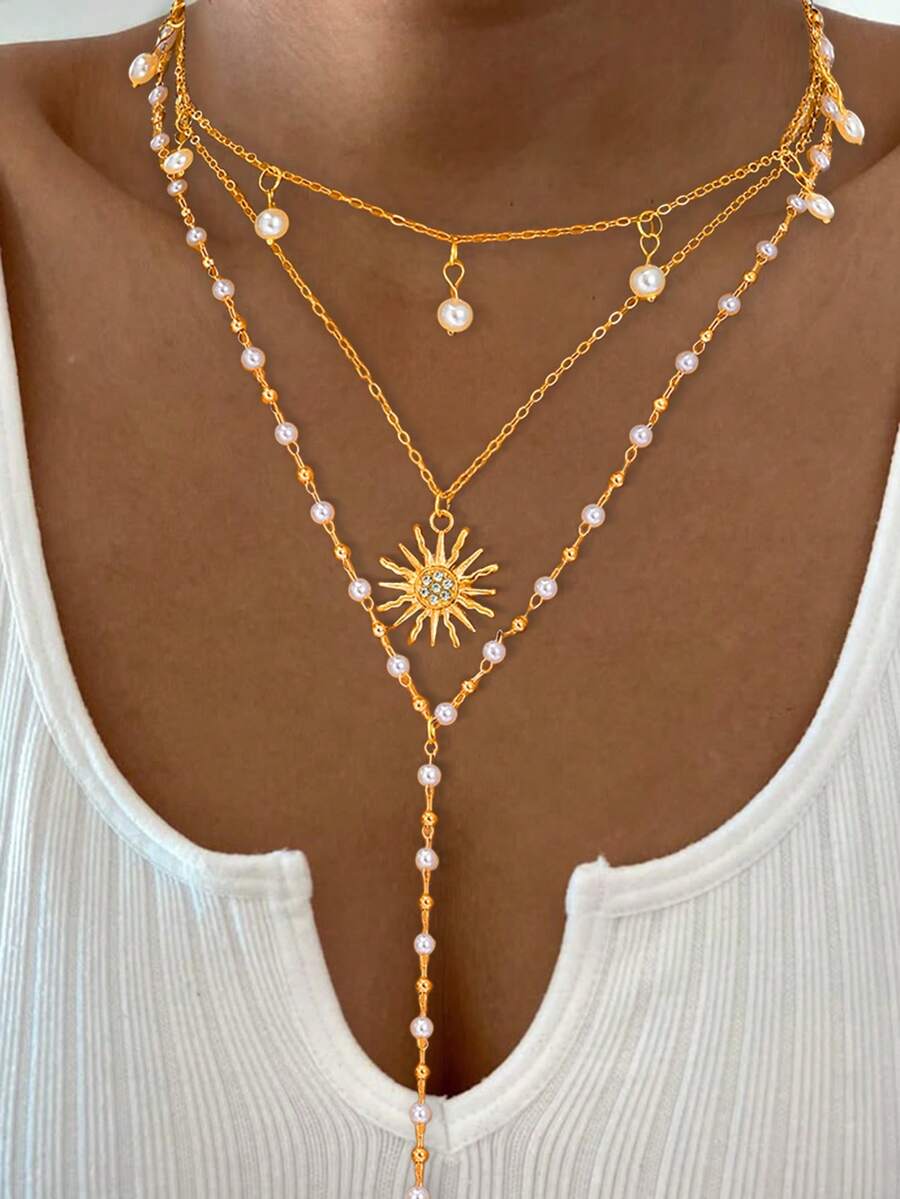 3pcs Fashionable Minimalist Elegant Faux Pearl & Rhinestone Y-Shaped Necklace Set, Suitable For Vacation, Party, Birthday, Daily Wear - Yellow Gold - View 1