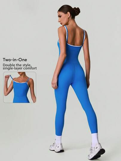 女士高弹力撞色可调节交叉肩带露背连体裤，适合瑜伽、跑步、训练、普拉提和健身。