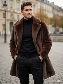 Men's Luxury Faux Mink Fur Long Coat, Brown Lapel Winter Warm Jacket - Brown - View 1