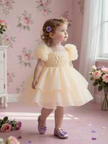 Baby Girls' Square Neck Ruffle Organza Cute Minimalist Princess Dress, Suitable For 1st Birthday Party, Wedding, Banquet, Vacation, Photo Shoot, Excluding Headband - Champagne - View 5