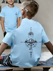 Tween Boy Casual Graphic Print Crew Neck Short Sleeve T-Shirt, Summer Top - Baby Blue - View 3