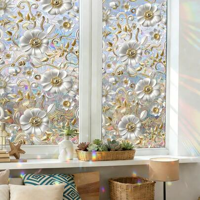 1/4 Peças Adesivos de Vidro Decorativo Floral Requintado e Deslumbrante, Película Eletrostática Reutilizável de PVC para Privacidade, Adequada para Portas e Janelas de Vidro do Banheiro, Quartos, Varandas e Decoração de Escritório.