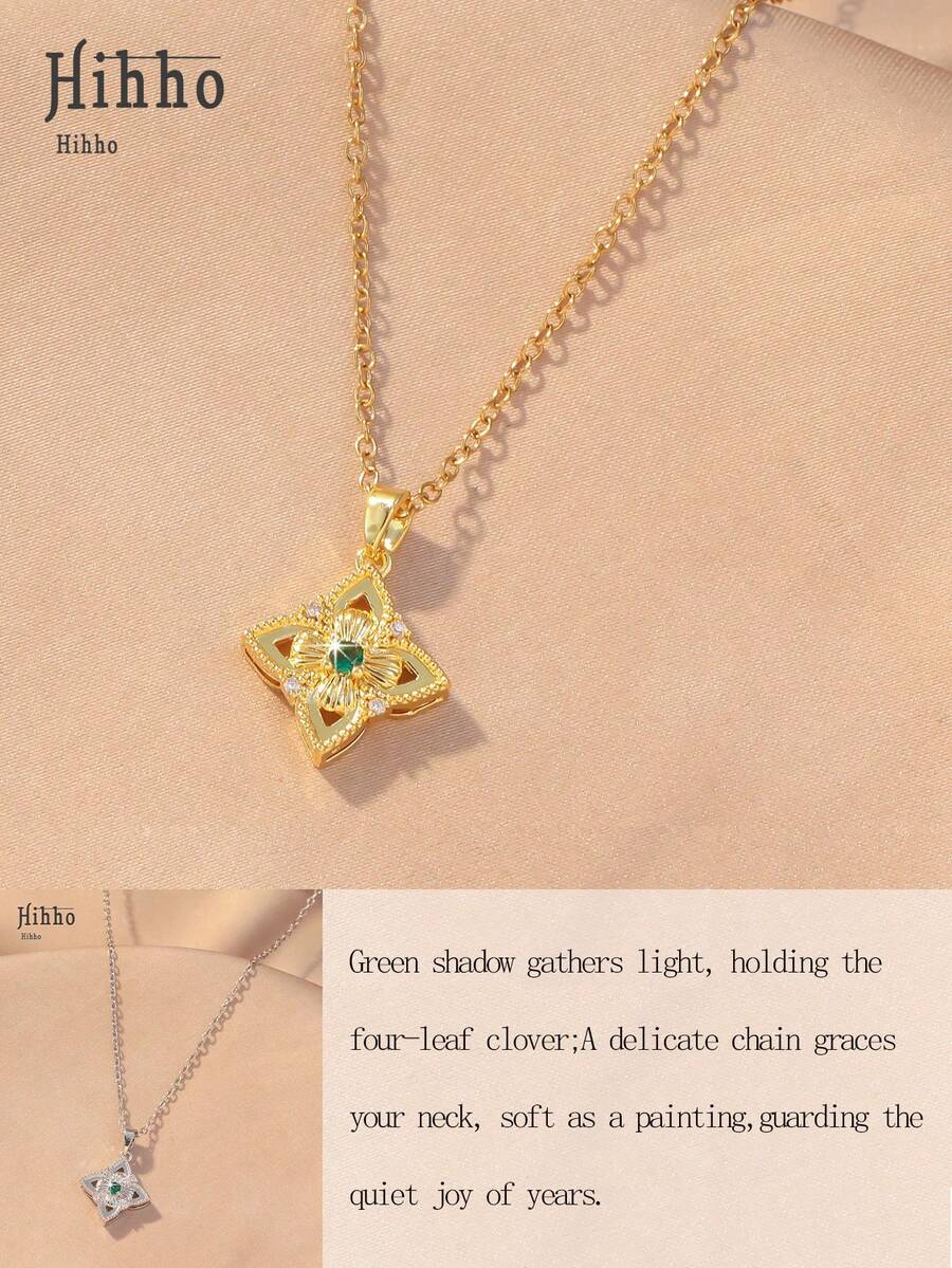 Hihho 1pc Green Shadow Clover Necklace, Gentle Daily Wear, Romantic Vibe Choker For Dates & Gatherings, 2 Options Available - Four-leaf Clover - View 1