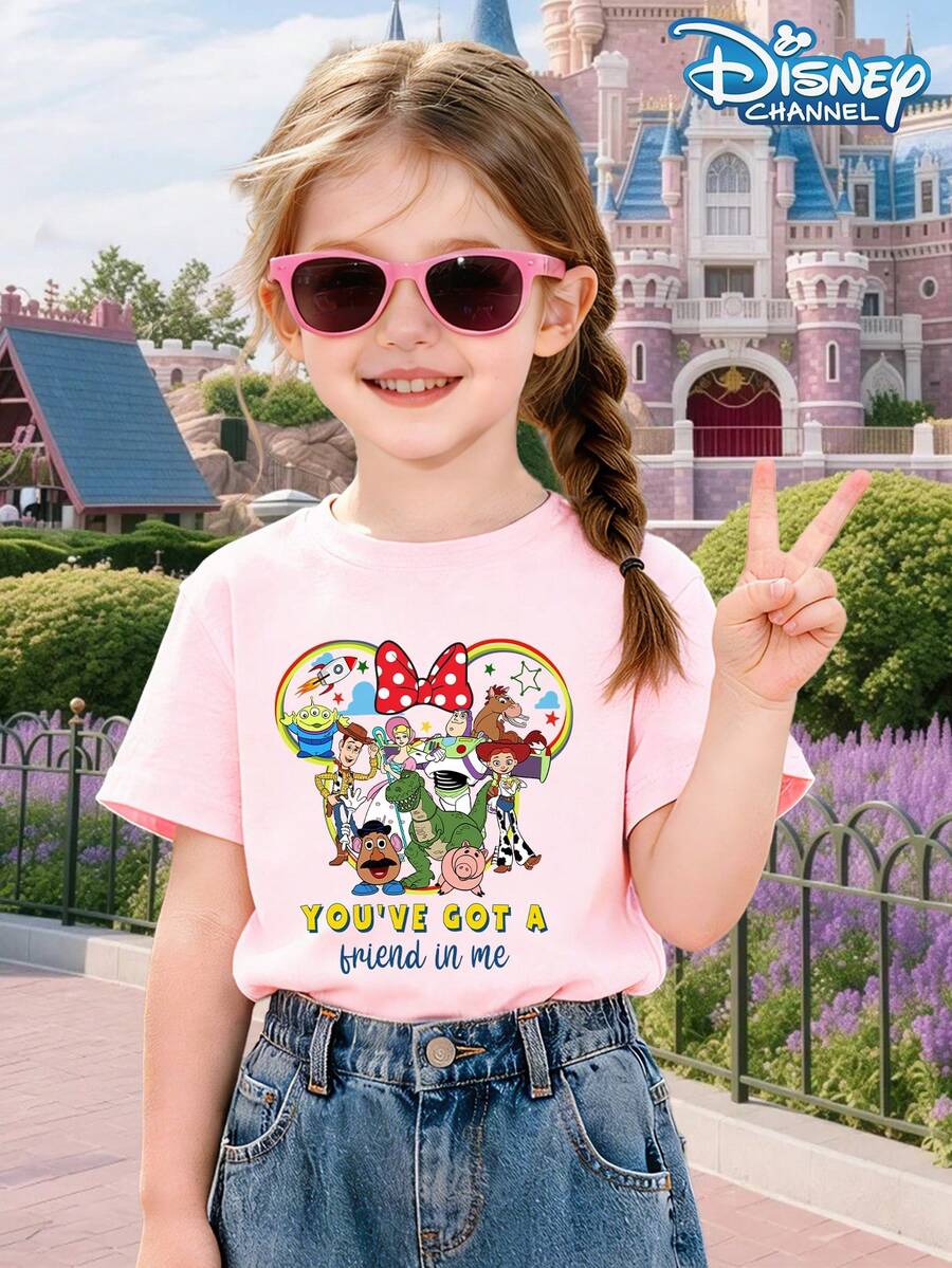 Disney T-Shirt Toy Story Girl Round Neck Short Sleeve Minnie Bow Mickey Head+Toy Story All Staff Print+"YOU'VE GOT A FRIEND IN ME" Slogan Sweet And Cute Style Summer Suitable For Parent Child Interaction/Theme Parks/Daily Dressing - Rose pâle - Voir 1