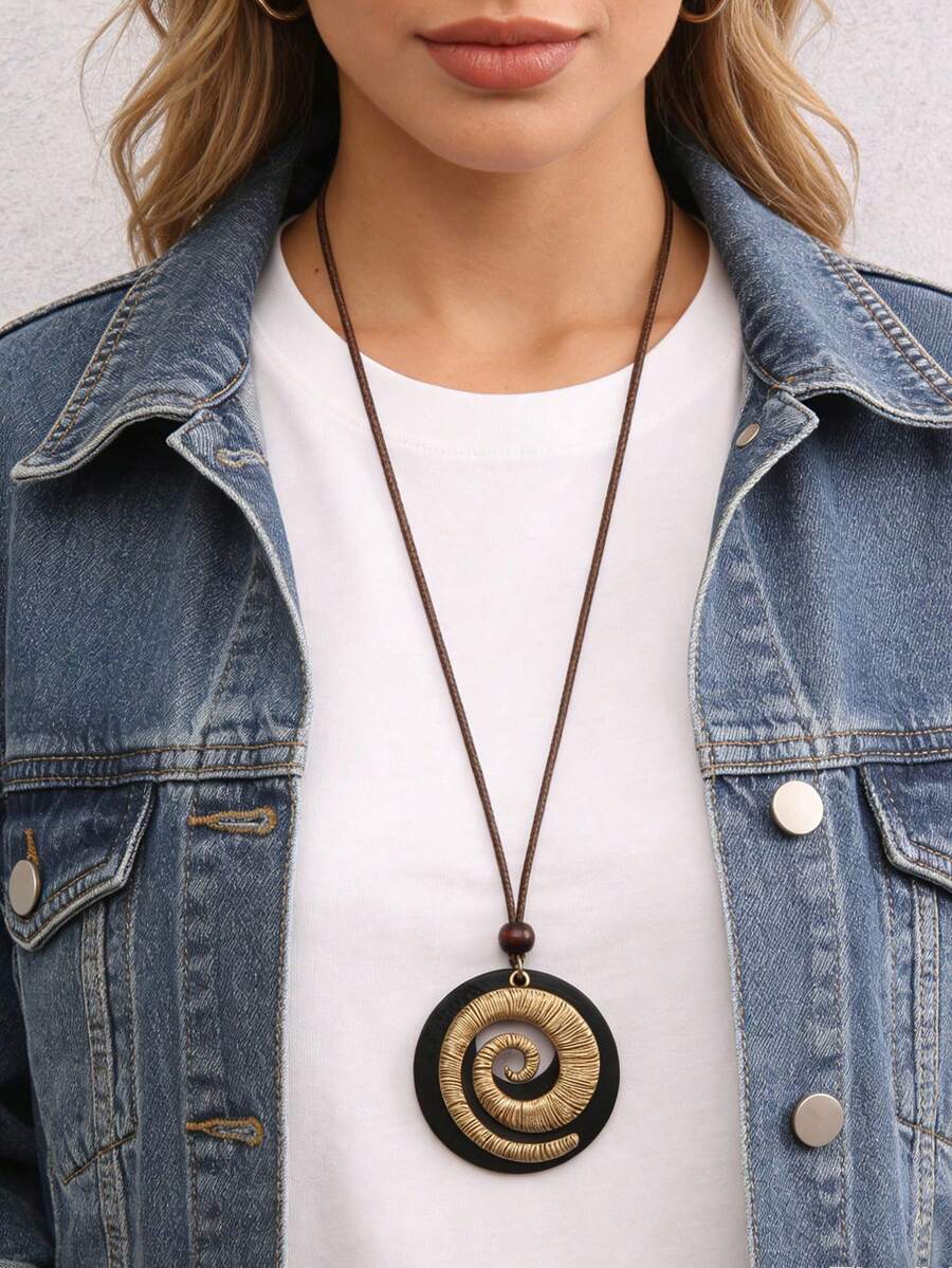 1 chiếc dây chuyền dài mặt hình ốc sên xoắn ốc đa năng thời trang, kiểu dáng Bohemian, vòng cổ choker đính hạt hình đĩa, quà tặng cho bạn gái, mẹ, ngày Valentine, năm mới, sinh nhật, phụ kiện dự tiệc. - dây sáp - Xem 1
