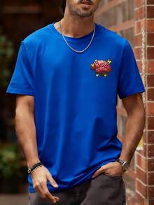 Men's Casual Letter Print Round Neck Short Sleeve T-Shirt, Summer - Teal Blue - View 2