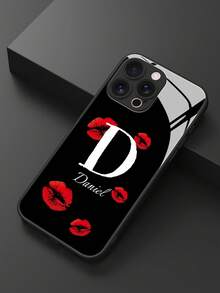 1 szt. personalizowane etui na telefon z TPU i szkła hartowanego z nadrukiem w kolorze czerwonym z ustami i inicjałami, kompatybilne z 'em 17 Pro Max/16 Pro Max/15 Pro/14 Plus/13 Pro/12 Pro Max/11/Xs Max/8/7/6 Plus, S24 Ultra/S25 Ultra, modne czarne szkło ochronne - Czarne - Zobacz 6