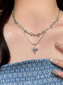 1pc Double Layer Blue Zirconia Star Necklace, Unique Design, High-Quality, Suitable For Women's Daily Wear, Summer New Arrival - four pointed star - View 5
