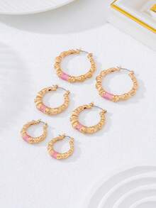 3对复古奢华粉色撞色扭纹竹节结C形耳环套装，适合日常佩戴和度假 - 彩色 - 查看 3