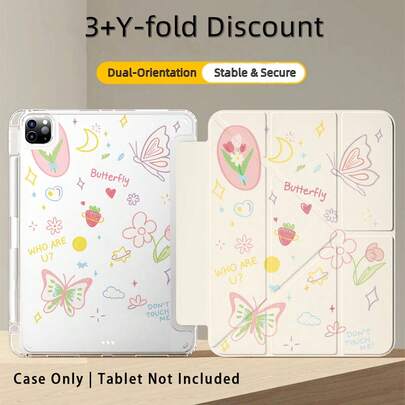 1pc 3+Y-Fold Tablet Case, Butterfly Pattern, Multiple Support Methods, Compatible With Huawei MatePad SE 11", MatePad 11 Inch, MatePad Pro 12.2 2024, Honor Pad X9A 2025, Honor Pad 9, Honor Pad X9 Pro 2025, Pad 6, Pad SE 11", Pad 2 Pro 12", Pad 2 11", Galaxy