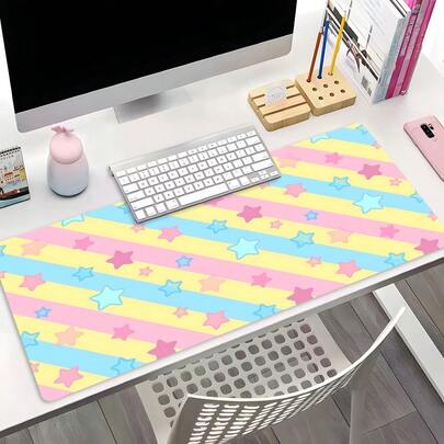 YUFZX Macaron Star Stripe Large Extended Gaming Mouse Pad, Non-Slip Rubber Base Stitched Lock Edge Desk Mat, Kawaii Aesthetic Artistic Design Desk Pad, Durable Computer Accessory For Home Office & Gaming Setup, Ideal Gift For Gamers & Kawaii Fans Girls Teens, Valentine's Day Gift Easter Gift